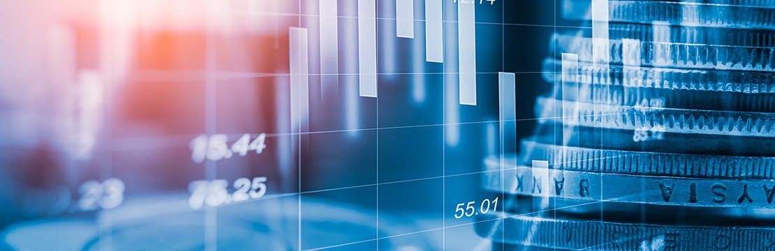 Finance charts/graphs and stack of coins